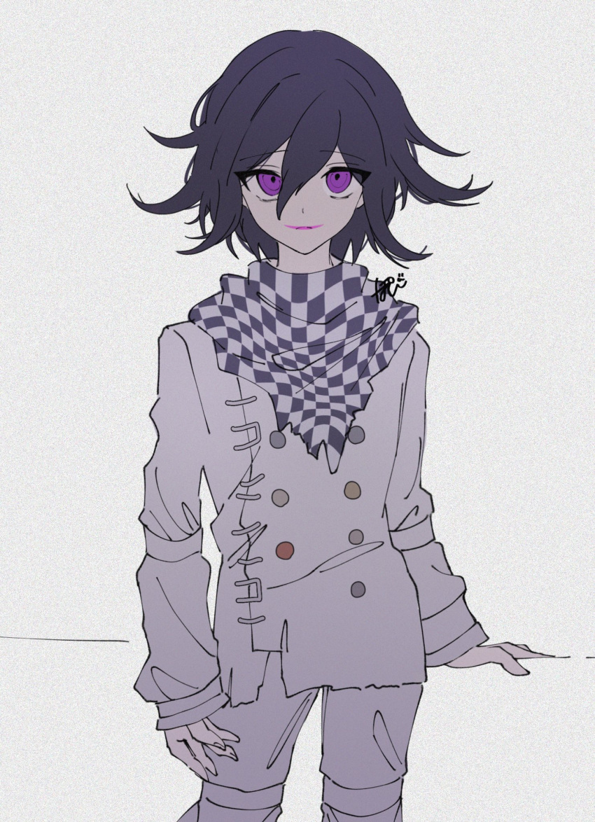 1boy, black_hair, buttons, checkered_clothes, checkered_scarf, cowboy_shot, danganronpa_(series), danganronpa_v3:_killing_harmony, double-breasted, grey_jacket, grey_pants, highres, jacket, long_sleeves, male_focus, oma_kokichi, pants, parted_lips, pink_eyes, pink_mouth, pote_(pote_39), scarf, short_hair, smile, solo, teeth, tongue