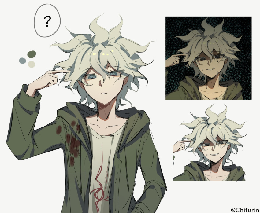 ?, arm_up, chifurin, collarbone, danganronpa_(series), danganronpa_2:_goodbye_despair, frown, green_jacket