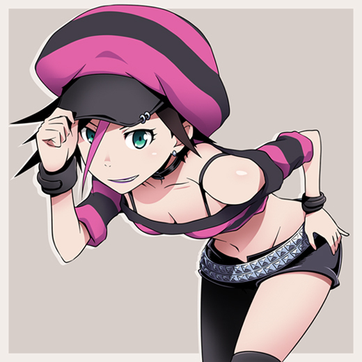 brown_hair, c_(neta), down_blouse, green_eyes, hands, hat, heroman, holly_jones, leaning_forward, piercing, smile, studded_belt
