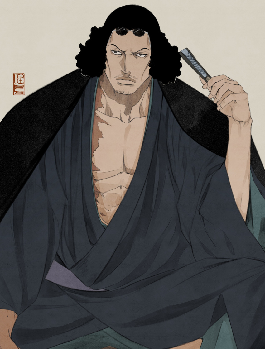 1boy, absurdres, afro, alternate_costume, bake_ryori, black_eyes, black_hair, coat, coat_on_shoulders, eyewear_on_head, facial_hair, hand_fan, hand_up, haori, highres, holding, holding_fan, japanese_clothes, kimono, kuzan_(aokiji), male_focus, one_piece, paper_fan, scar, scar_on_chest, simple_background, sitting, solo, sunglasses