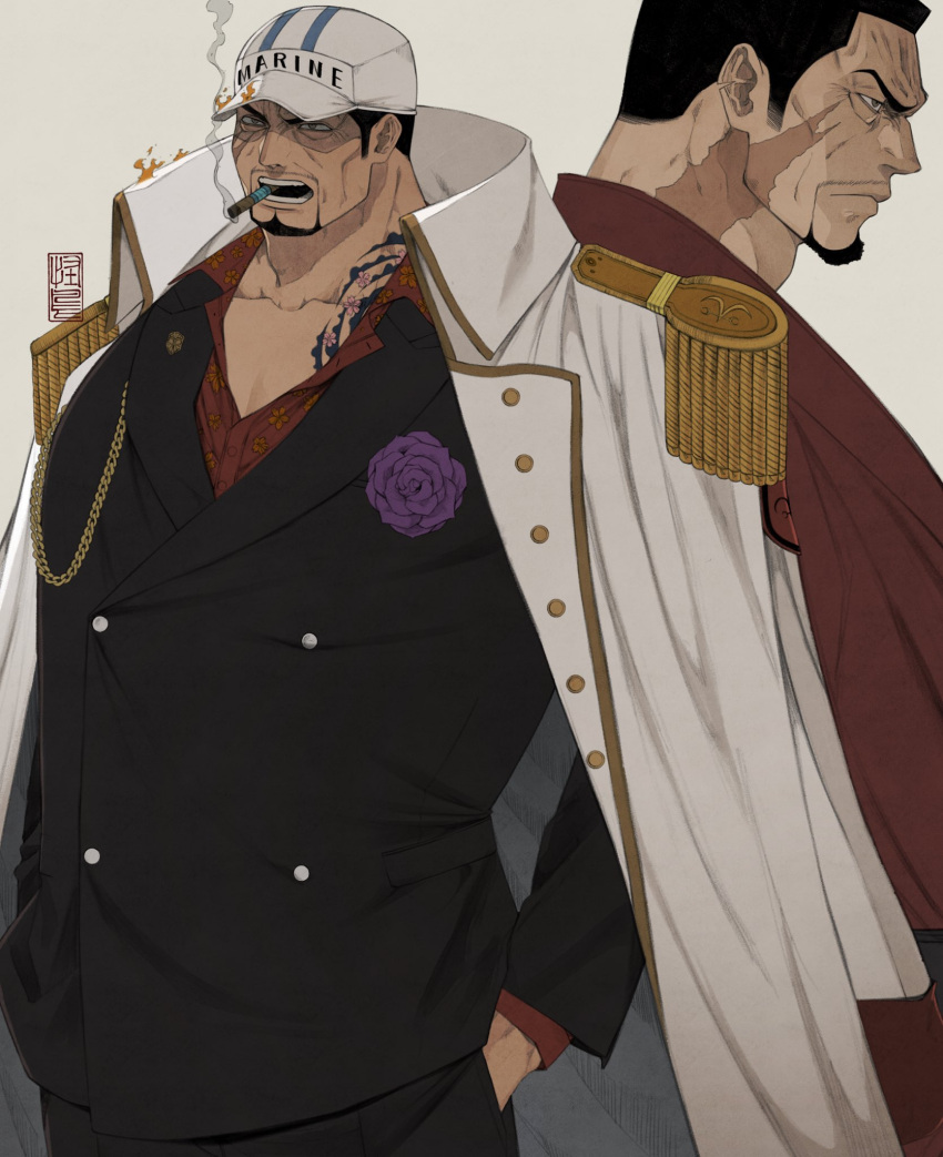 alternate_costume, bake_ryori, black_hair, black_suit, brown_eyes, chain, cigar, coat