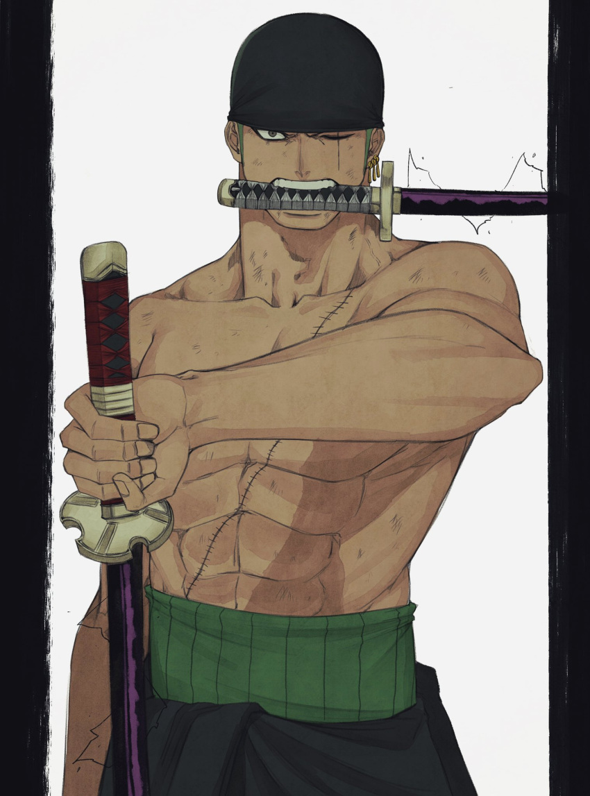 1boy, bake_ryori, bandana, biting, black_bandana, black_headwear, earrings, grey_eyes