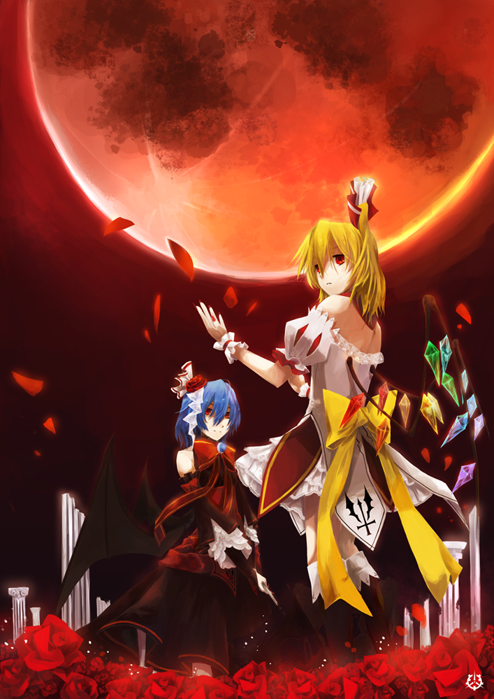alternate_costume, areazero, bare_shoulders, blonde_hair, blue_hair, dress, flandre_scarlet, flower, hair_ornament, moon, multiple_girls, petals, red_eyes, red_moon, remilia_scarlet, rose, siblings, sisters, touhou, wings