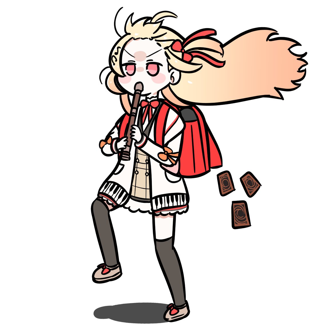 1girl, ahoge, backpack, bag, blonde_hair, blush_stickers, bow, brown_footwear