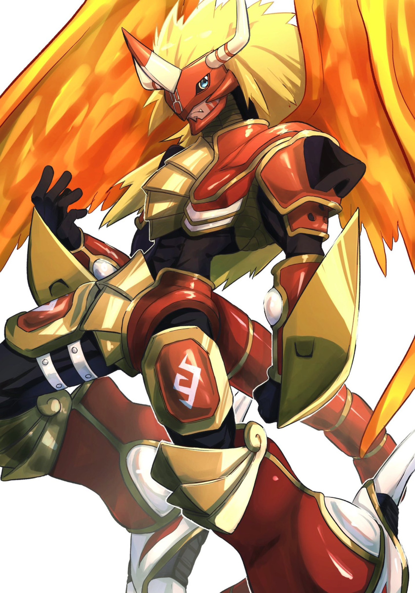1boy, agnimon, black_bodysuit, black_gloves, blonde_hair, bodysuit, clenched_hand, covered_abs