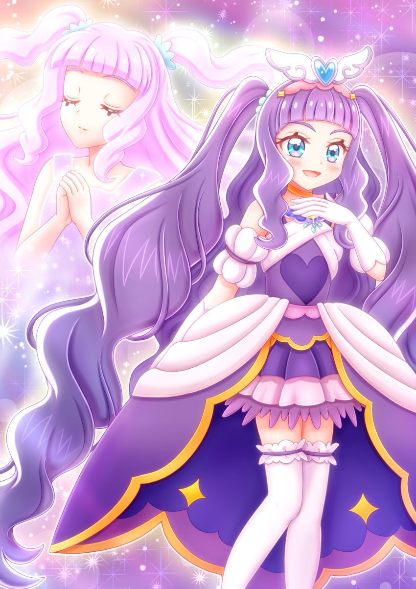 1girl, blue_eyes, brooch, closed_eyes, closed_mouth, clothing_cutout, commentary, cure_majesty, dress, ellee-chan, gloves, half-dress, hand_on_own_chest, highres, hirogaru_sky!_precure, jewelry, light_particles, long_hair, looking_at_viewer, magical_girl, medium_dress, miniskirt, multiple_views, niwatori_(syamo_chamo), open_mouth, pleated_skirt, praying, precure, purple_dress, purple_hair, shoulder_cutout, skirt, smile, sparkle, standing, thigh-highs, two_side_up, very_long_hair, white_gloves, white_thighhighs, wing_brooch, wing_hair_ornament