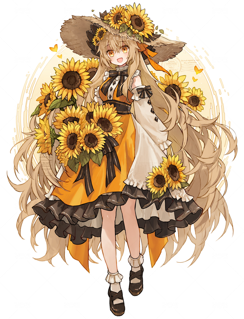 1girl, ankle_socks, black_sash, blonde_hair, blush, bonnet, bouquet, bow