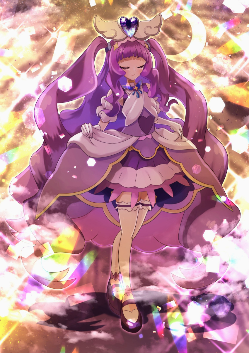 1girl, absurdres, big_hair, black_footwear, brooch, closed_mouth, commentary, crescent, cure_majesty, dress, ellee-chan, facing_viewer, full_body, hair_tie, half-dress, highres, hirogaru_sky!_precure, jewelry, light_particles, long_hair, magical_girl, medium_dress, omega_takai, precure, purple_dress, purple_hair, shoes, short_sleeves, skirt_hold, smile, solo, sparkle, standing, thigh-highs, two_side_up, very_long_hair, white_thighhighs, wing_brooch, wing_hair_ornament