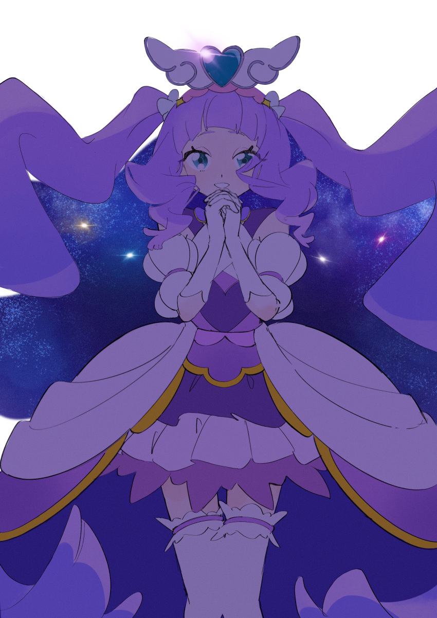 1girl, 35kawaiiprpr, absurdres, blue_eyes, clothing_cutout, commentary, cure_majesty, dress, elbow_gloves, ellee-chan, gloves, half-dress, highres, hirogaru_sky!_precure, interlocked_fingers, layered_skirt, long_hair, looking_at_viewer, magical_girl, medium_dress, miniskirt, open_mouth, own_hands_together, pleated_skirt, precure, purple_dress, purple_hair, purple_skirt, short_sleeves, shoulder_cutout, skirt, sky, smile, solo, standing, star_(sky), starry_sky, thigh-highs, two_side_up, white_gloves, white_thighhighs, wind, wing_hair_ornament
