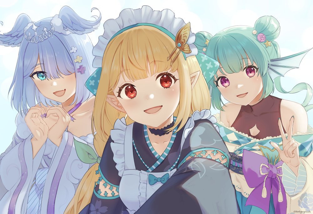 3girls, black_choker, blonde_hair, blue_eyes, blue_hair, blue_wings, bow, choker, darkgreyclouds, double_bun, elira_pendora, elira_pendora_(2nd_costume), finana_ryugu, finana_ryugu_(2nd_costume), fins, green_hair, hair_bun, hair_over_one_eye, halterneck, head_fins, head_wings, japanese_clothes, kimono, lazulight, long_hair, maid, maid_headdress, multiple_girls, nijisanji, nijisanji_en, pointy_ears, pomu_rainpuff, pomu_rainpuff_(2nd_costume), purple_bow, purple_nails, red_eyes, short_hair, tiara, twintails, v, violet_eyes, wa_maid, wings