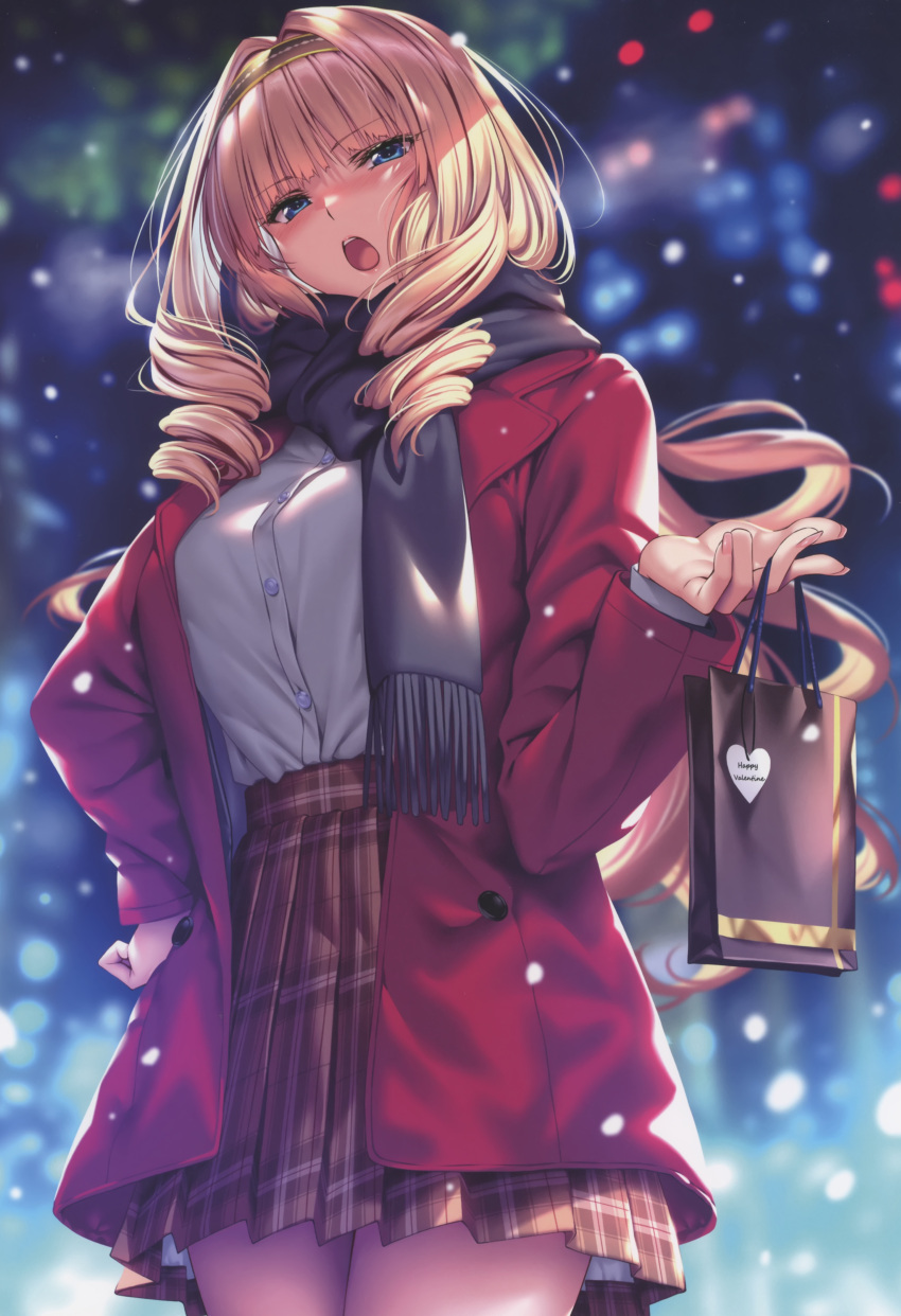 1girl, absurdres, blonde_hair, blue_eyes, blush, breasts, buttons, coat