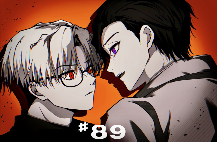 2boys, black_background, black_hair, black_shirt, charisma_house, facing_another, grey_shirt, highres, itou_fumiya, kusanagi_rikai, looking_at_another, male_focus, multicolored_background, multicolored_hair, multiple_boys, open_mouth, orange_background, parted_lips, red_background, red_eyes, shirt, teeth, turtleneck, ukisi, violet_eyes, white_hair