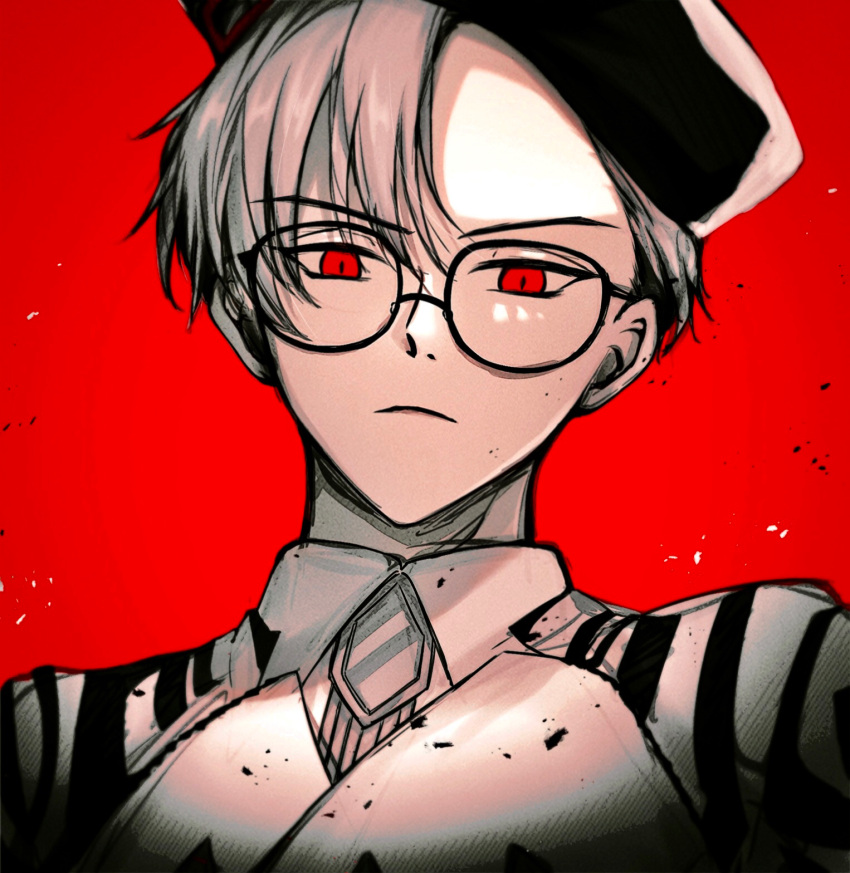 1boy, black_background, black_headwear, black_jacket, charisma_house, closed_mouth, expressionless, glasses