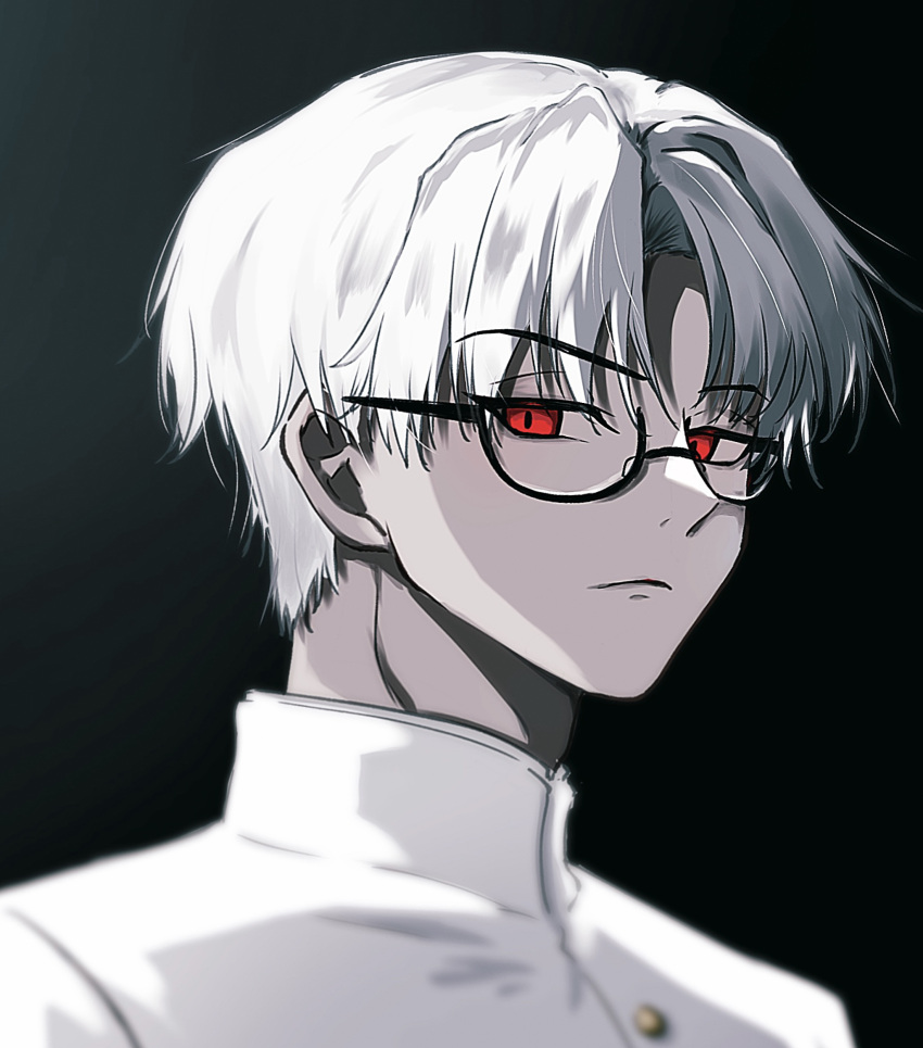 1boy, black_background, charisma_house, closed_mouth, gakuran, glasses, gradient_background, grey_background