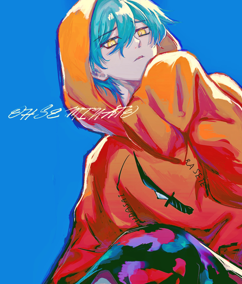 1boy, black_pants, blue_background, blue_hair, character_name, charisma_house, highres, hood