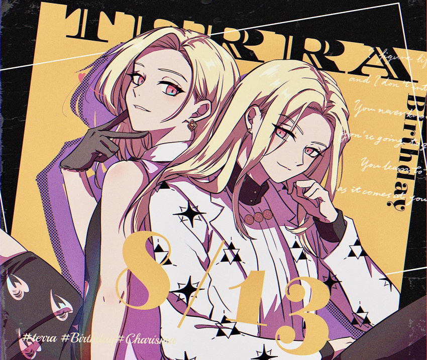 2boys, androgynous, birthday, black_background, blonde_hair, blue_eyes, character_name, charisma_house, copyright_name, dated, dual_persona, earrings, highres, jewelry, long_hair, male_focus, medium_hair, multicolored_background, multicolored_eyes, multiple_boys, pink_eyes, terra_(charisma_house), ukisi, yellow_background