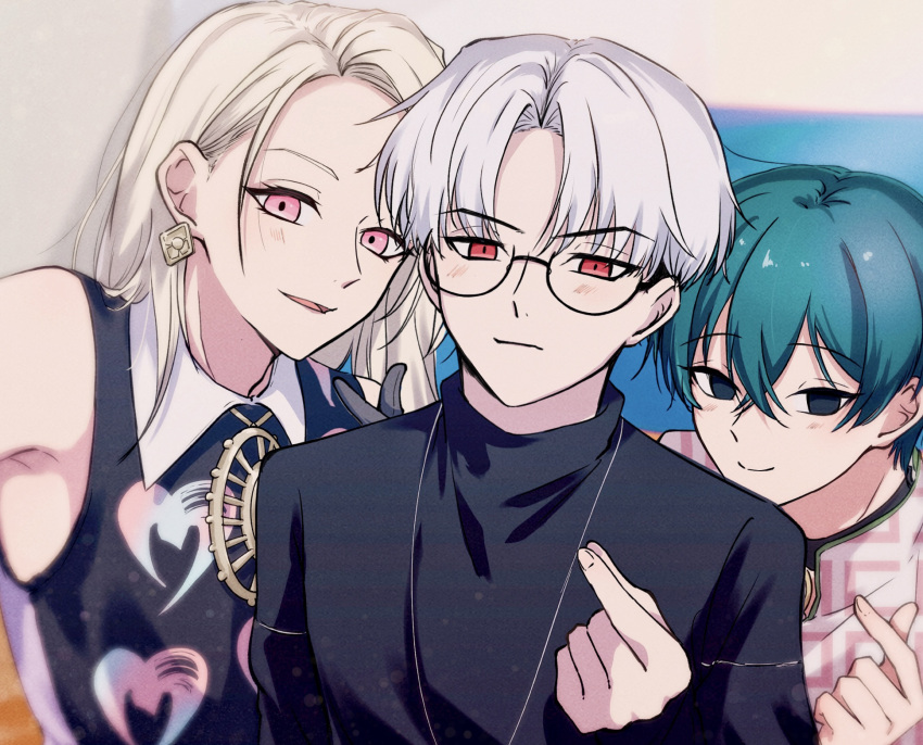 3boys, black_eyes, black_shirt, blonde_hair, blue_hair, blush, charisma_house, closed_mouth, earrings, embarrassed, finger_heart, glasses, highres, jacket, jewelry, kusanagi_rikai, long_hair, looking_at_viewer, male_focus, motohashi_iori, multicolored_clothes, multicolored_jacket, multiple_boys, open_mouth, pink_eyes, pink_jacket, red_eyes, shirt, short_hair, smile, terra_(charisma_house), turtleneck, ukisi, white_hair, white_jacket
