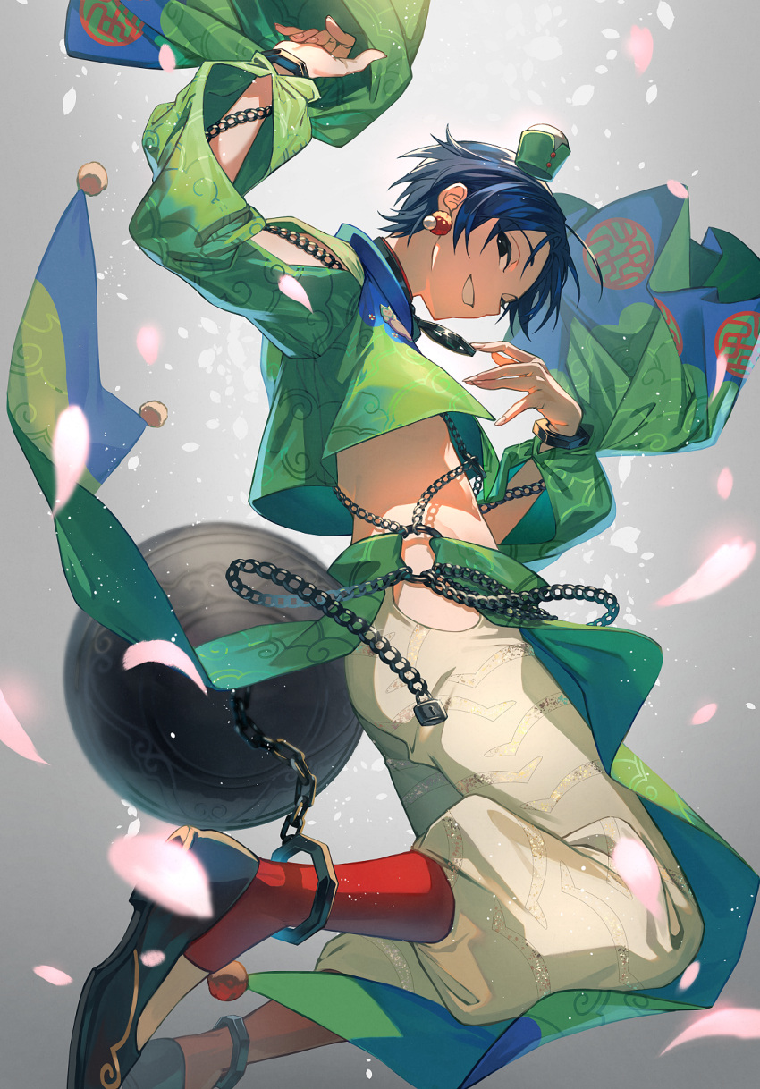 1boy, a_harart, ball_and_chain_restraint, belt, black_collar, black_eyes, black_footwear, blue_hair, chain, charisma_house, collar, earrings, full_body, green_belt, green_headwear, green_shirt, grey_background, hat, highres, japanese_clothes, jewelry, male_focus, mini_hat, motohashi_iori, pants, petals, red_socks, shirt, short_hair, smile, socks, solo, teeth, white_pants
