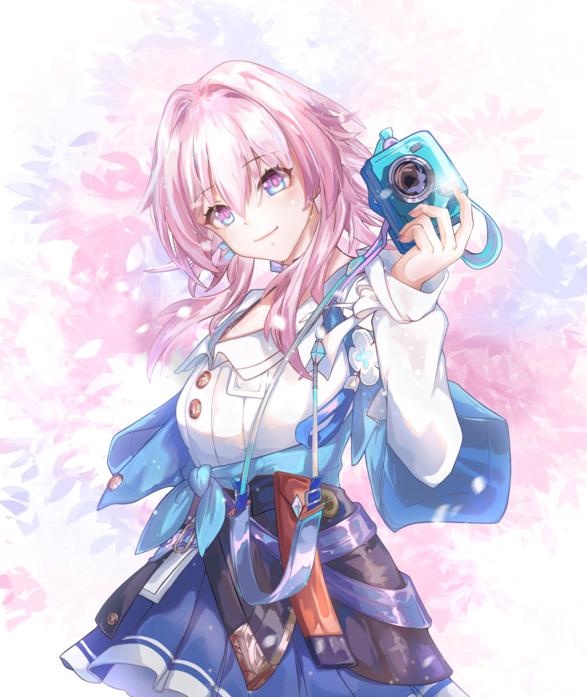 1girl, absurdres, badge, black_corset, blue_eyes, blue_jacket, blue_skirt, button_badge