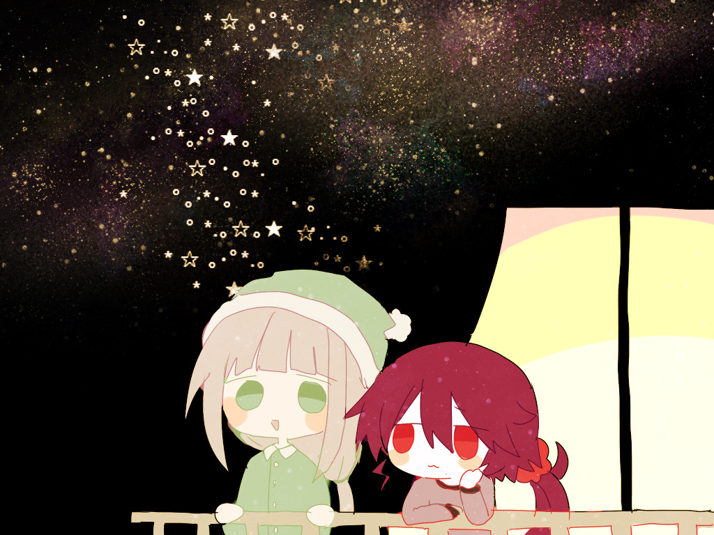 2boys, :3, balcony, blonde_hair, blush_stickers, brown_shirt, chibi, eguchi_shushu