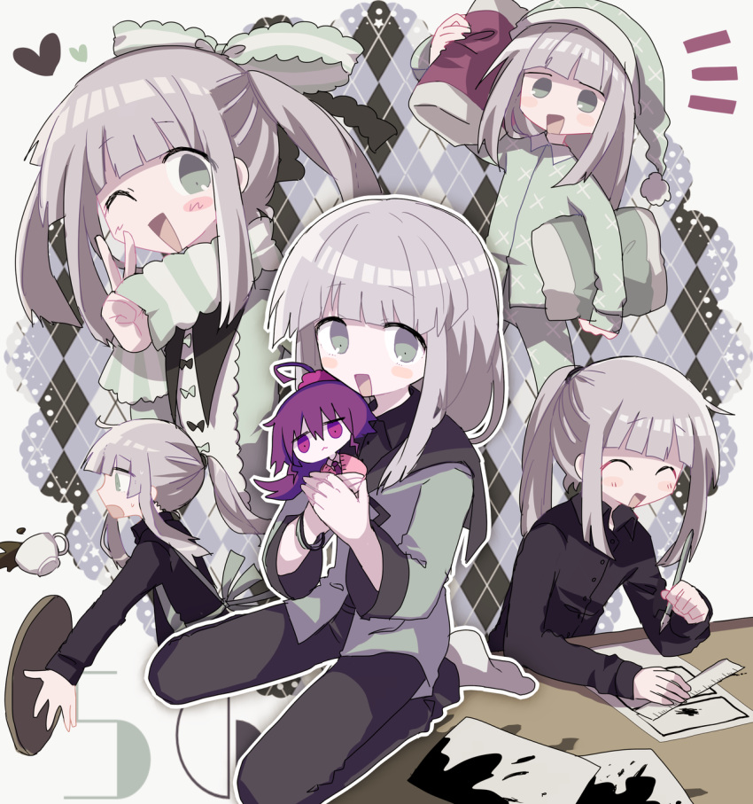 1boy, argyle, black_bow, black_pants, black_shirt, blush_stickers, bow, character_doll