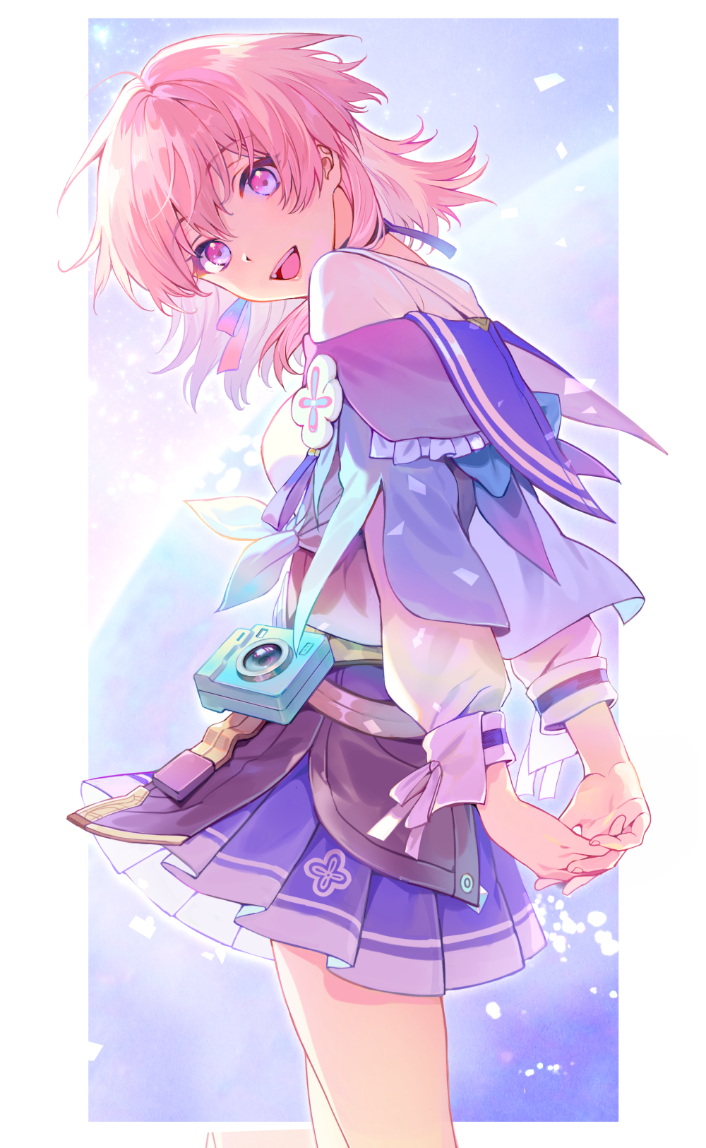 1girl, arms_behind_back, black_corset, blue_jacket, blue_skirt, border, camera, choker