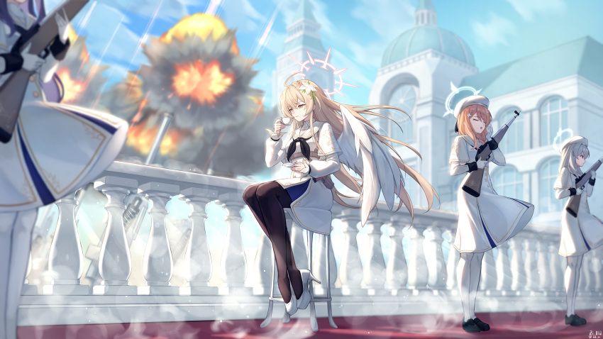 4girls, absurdres, ahoge, angel_wings, artillery, banister, beret, black_footwear
