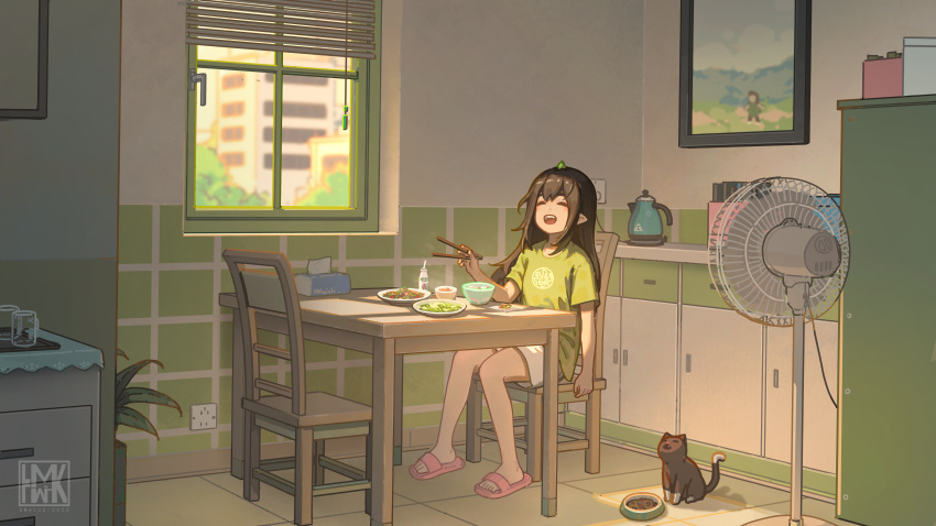 1girl, absurdres, bowl, brown_hair, cat, chair, chopsticks, closed_eyes