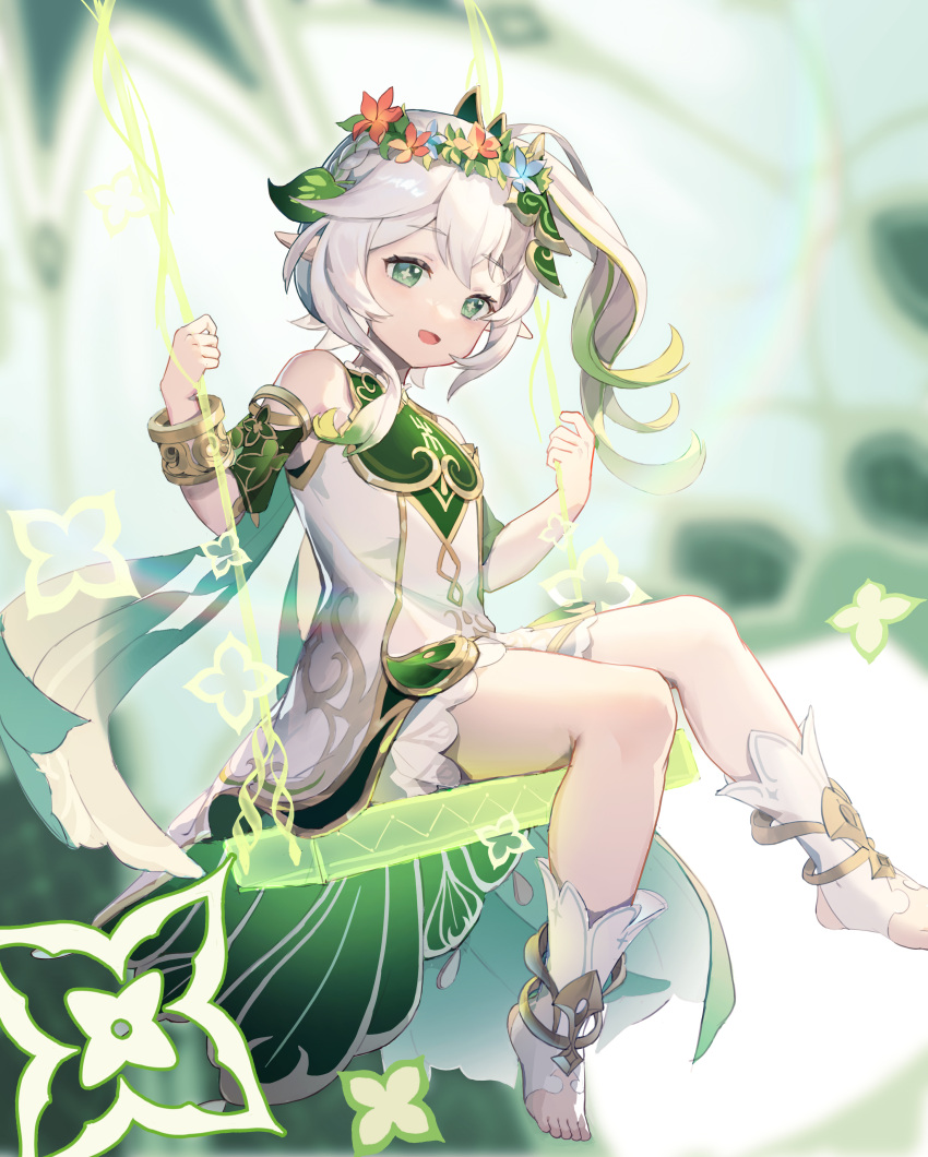 1girl, 75935331, absurdres, bare_shoulders, bracelet, bright_pupils, cross-shaped_pupils, detached_sleeves, dress, flower_wreath, from_side, full_body, genshin_impact, green_eyes, green_hair, hair_ornament, head_wreath, highres, jewelry, leaf_hair_ornament, looking_at_viewer, medium_hair, multicolored_hair, nahida_(genshin_impact), open_mouth, pointy_ears, side_ponytail, sitting, sleeveless, sleeveless_dress, smile, solo, stirrup_footwear, streaked_hair, swing, symbol-shaped_pupils, toeless_footwear, two-tone_hair, white_dress, white_footwear, white_hair, white_pupils