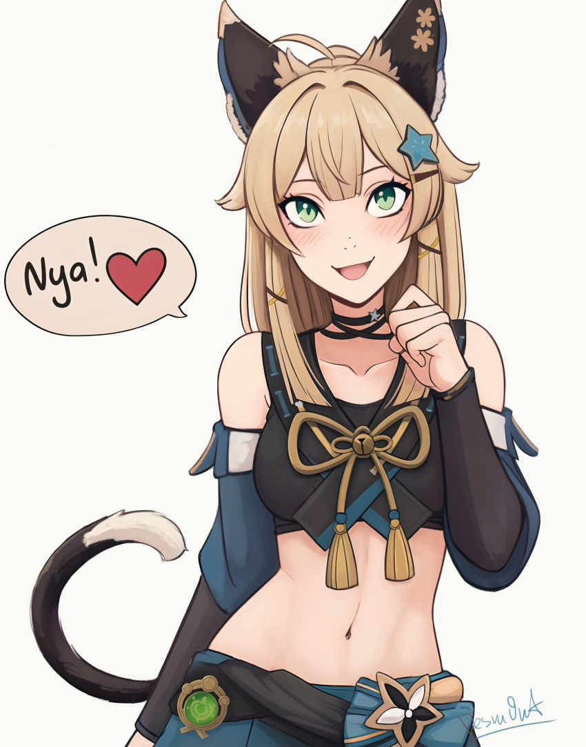 1girl, ahoge, animal_ears, bare_shoulders, black_choker, blonde_hair, brown_tank_top, cat_ears, cat_girl, cat_tail, choker, collared_vest, crop_top, desm0nt, genshin_impact, green_eyes, hair_ornament, hairclip, hand_up, highres, instagram_username, kirara_(cat)_(genshin_impact), kirara_(genshin_impact), long_hair, looking_at_viewer, midriff, navel, open_mouth, paw_pose, smile, solo, speech_bubble, standing, stomach, tail, tank_top, vest