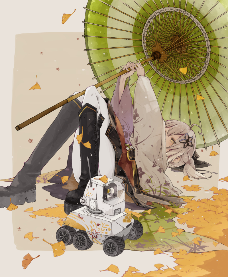 1girl, ahoge, arknights, arms_up, black_footwear, boots, border, brown_background