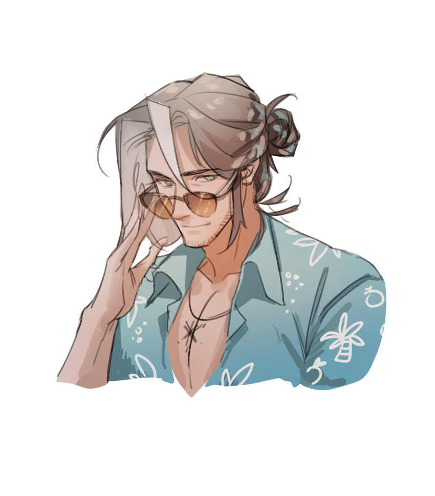 108cycle, 1boy, absurdres, alternate_costume, arknights, beard_stubble, bishounen, cropped_torso, hair_between_eyes, hawaiian_shirt, highres, long_hair, male_focus, mature_male, multicolored_hair, partially_unbuttoned, pectoral_cleavage, pectorals, shirt, smile, solo, streaked_hair, sunglasses, totter_(arknights)