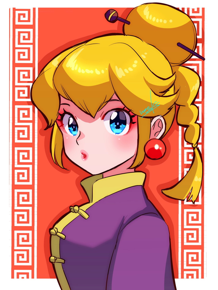 1girl, blonde_hair, blue_eyes, braid, braided_ponytail, chinese_clothes, earrings, hair_ornament