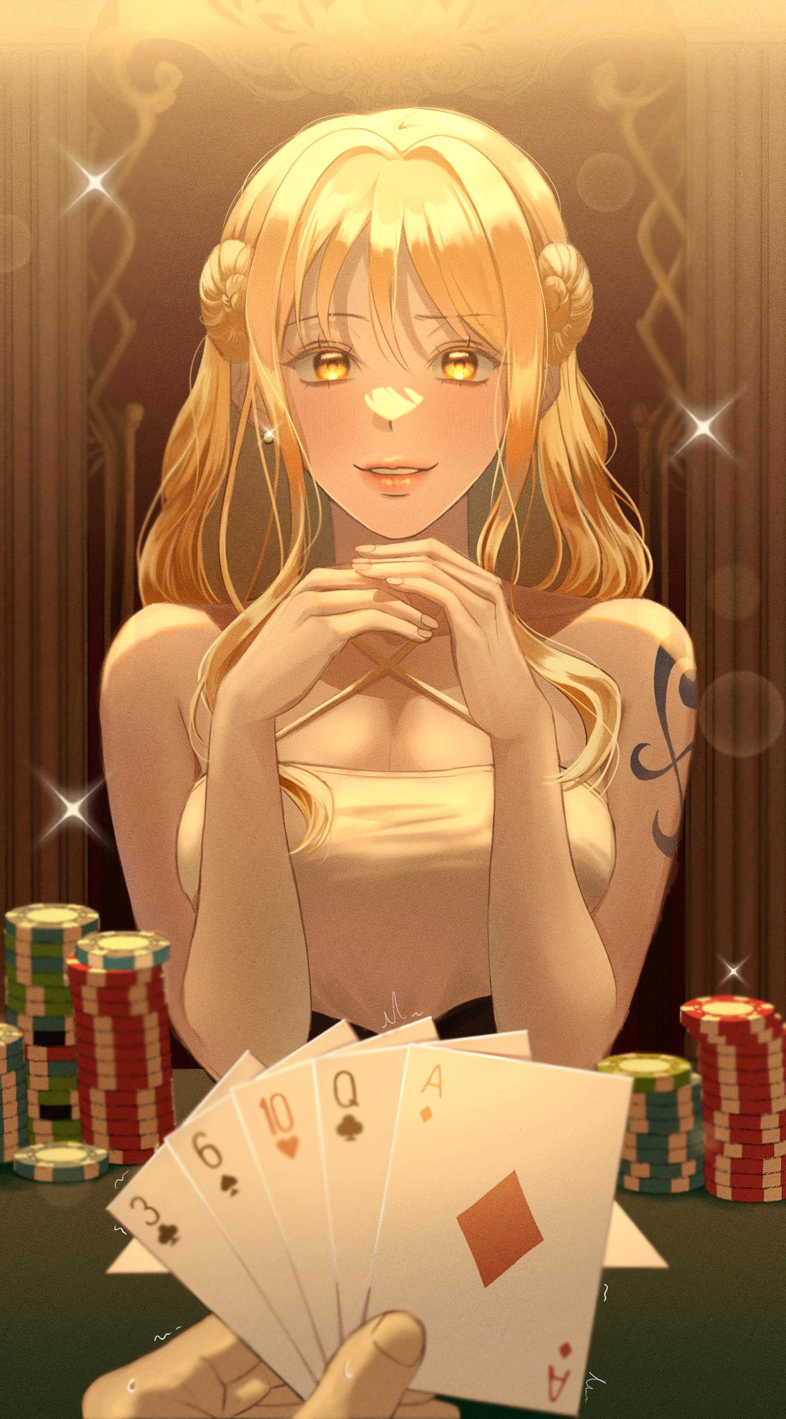 1girl, ace_(playing_card), ace_of_hearts, alternate_costume, bare_arms, blush, card, casino, dress, earrings, heart, highres, holding, holding_card, indoors, jewelry, korean_commentary, long_hair, looking_at_viewer, nami_(one_piece), one_piece, orange_eyes, orange_hair, playing_card, poker_chip, queen_(playing_card), queen_of_diamonds, sangja0505, six_of_spades, smile, solo, tattoo, teeth, ten_of_hearts, three_of_diamonds, white_dress