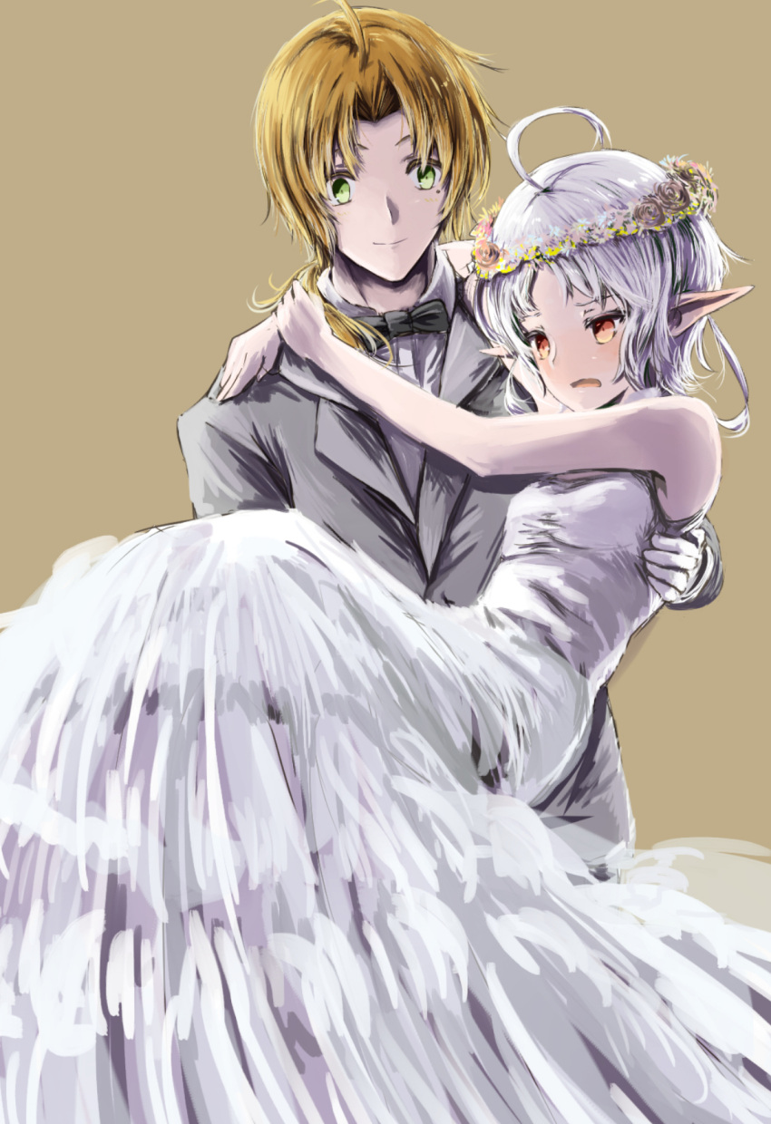 1boy, 1girl, ahoge, black_bow, black_bowtie, bow, bowtie, carrying