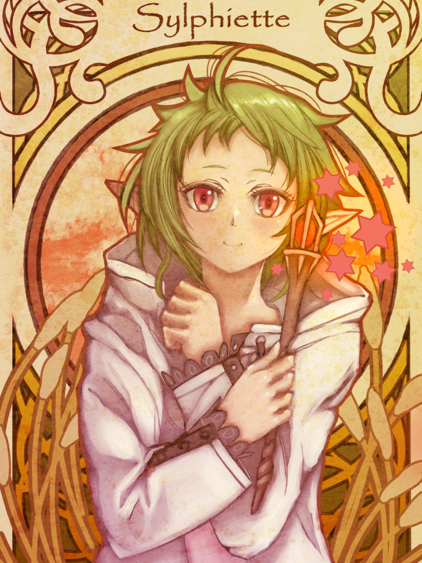 1girl, ahoge, character_name, closed_mouth, elf, green_hair, hands_up, highres