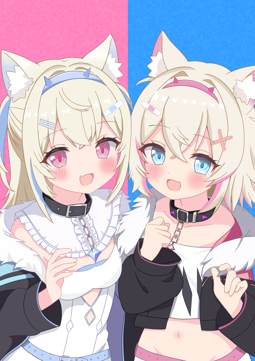 2girls, animal_ear_fluff, animal_ears, belt, belt_collar, black_collar, black_jacket, blonde_hair