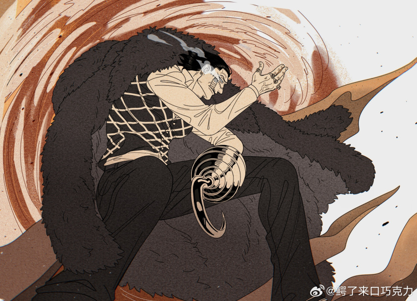 1boy, black_hair, brown_theme, cigar, crocodile_(one_piece), feet_out_of_frame, fighting_stance, geokinesis, hair_slicked_back, highres, hook_hand, jewelry, large_pectorals, male_focus, mg_cls, monochrome, multiple_rings, one_piece, pectorals, ring, sand, scar, scar_on_face, scar_on_nose, short_hair, smoking, solo, spread_legs, standing, stitches, wide_spread_legs