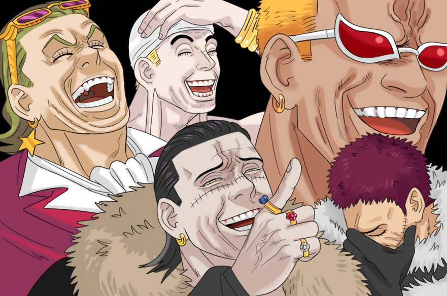 5boys, adam's_apple, black_hair, character_request, charlotte_katakuri, comedy, crocodile_(one_piece), donquixote_doflamingo, earrings, enel, facepalm, hair_slicked_back, hand_on_own_head, jewelry, laughing, male_focus, mature_male, mg_cls, multiple_boys, multiple_rings, one_piece, pale_skin, parody_request, pointing, pointing_forward, ring, scar, scar_on_face, scar_on_nose, short_hair, sideburns, stitches, thick_neck, upper_body, veiny_face, wrinkled_skin