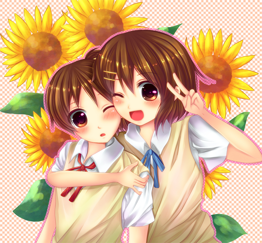 brown_eyes, brown_hair, flower, hirasawa_ui, hirasawa_yui, k-on!, ponytail, saotome_mirai, school_uniform, short_hair, siblings, sisters, sunflower, v, wink