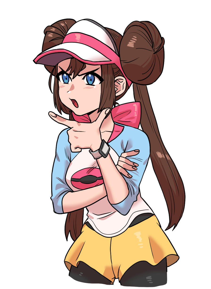 1girl, :o, aqua_eyes, black_pantyhose, bow, brown_hair, commentary_request, dalsegno, double_bun, doughnut_hair_bun, hair_bun, hand_on_own_chin, highres, open_mouth, pantyhose, pantyhose_under_shorts, pink_bow, pokemon, pokemon_(game), pokemon_bw2, raglan_sleeves, rosa_(pokemon), shirt, short_shorts, shorts, simple_background, sleeves_past_elbows, solo, stroking_own_chin, tongue, twintails, visor_cap, white_background, yellow_shorts
