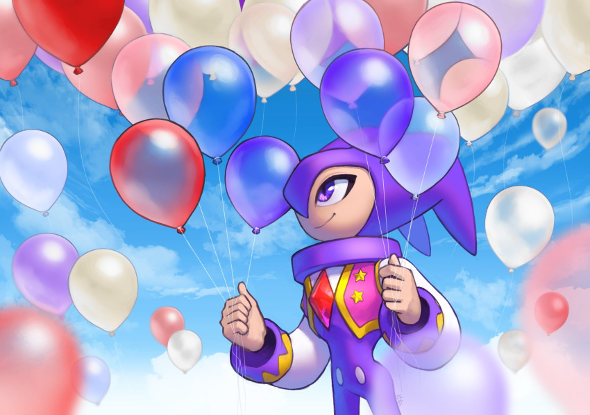1other, balloon, bodysuit, closed_mouth, clouds, cloudy_sky, hat, highres