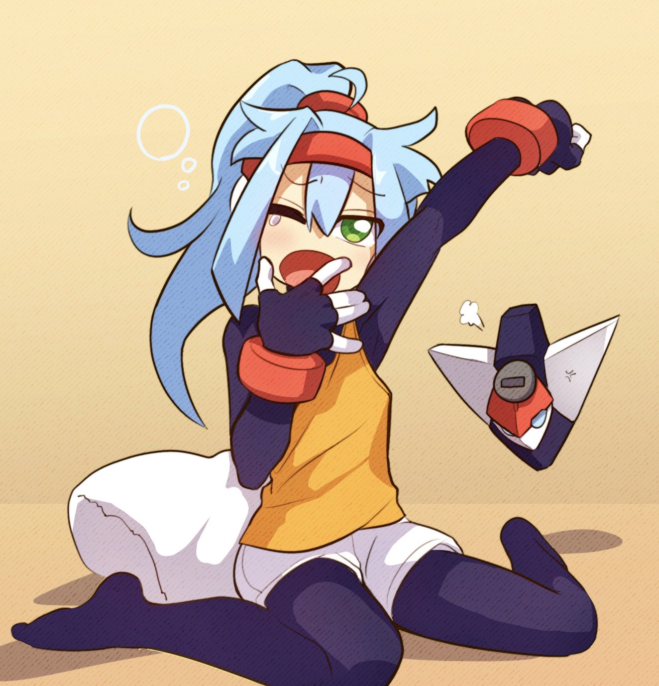 1girl, =3, anger_vein, arm_up, ashe_(mega_man), blue_hair, blush, bodysuit