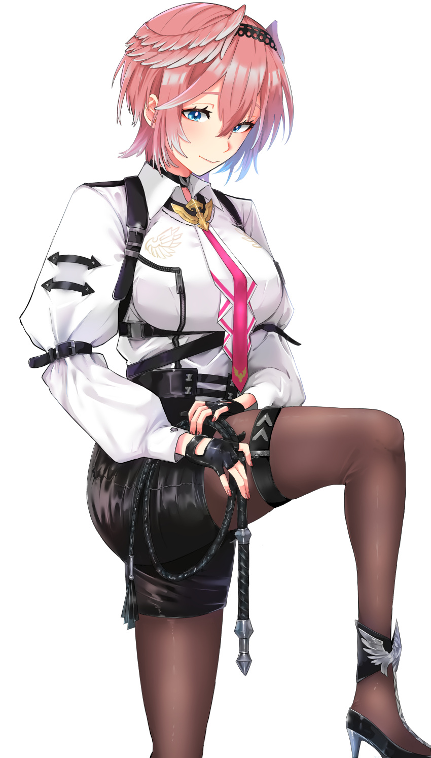 1girl, absurdres, arm_strap, black_choker, black_footwear, black_gloves, black_hairband, black_shorts, blue_eyes, breast_zipper, breasts, brown_pantyhose, choker, closed_mouth, collared_shirt, commentary, corset, eyelashes, eyeshadow, fingerless_gloves, foot_out_of_frame, gloves, hair_between_eyes, hairband, head_wings, high_heels, highres, hololive, karakr_shin, long_sleeves, looking_down, makeup, medium_breasts, necktie, pantyhose, pantyhose_under_shorts, pink_eyeshadow, pink_hair, pink_necktie, shirt, short_hair, short_shorts, shorts, simple_background, smile, solo, standing, standing_on_one_leg, suspenders, takane_lui, takane_lui_(1st_costume), thigh_strap, underbust, virtual_youtuber, whip, white_background, white_shirt, wing_collar, wings, zipper_pull_tab