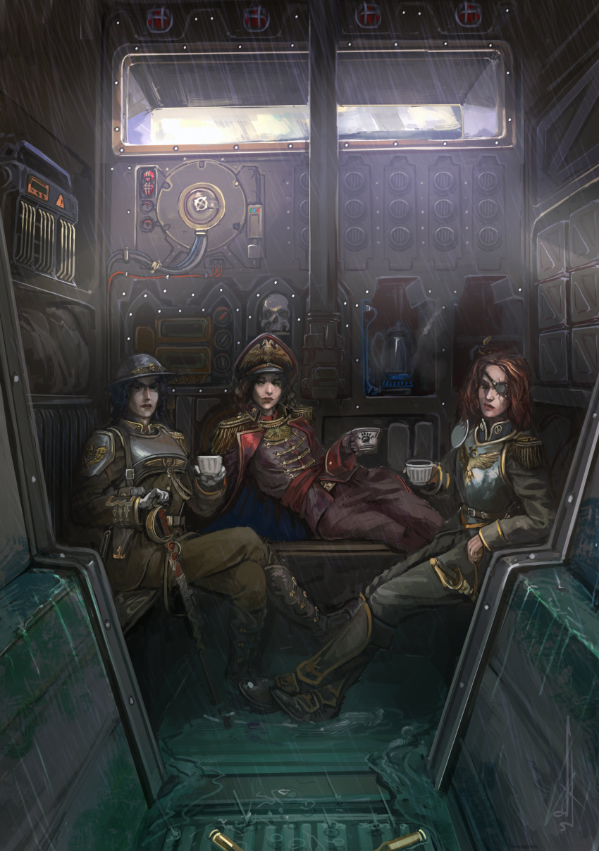 3girls, absurdres, astra_militarum, black_hair, bunker, coffee_maker_(object), commissar, cuirass