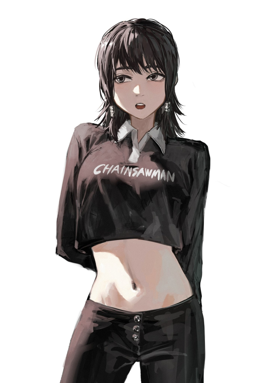 1girl, black_hair, black_pants, black_shirt, chainsaw_man, commentary, crop_top, grey_eyes, highres, midriff, mifune_fumiko, navel, open_mouth, pants, raberu_ruru, shirt, simple_background, solo, stomach, upper_body, white_background
