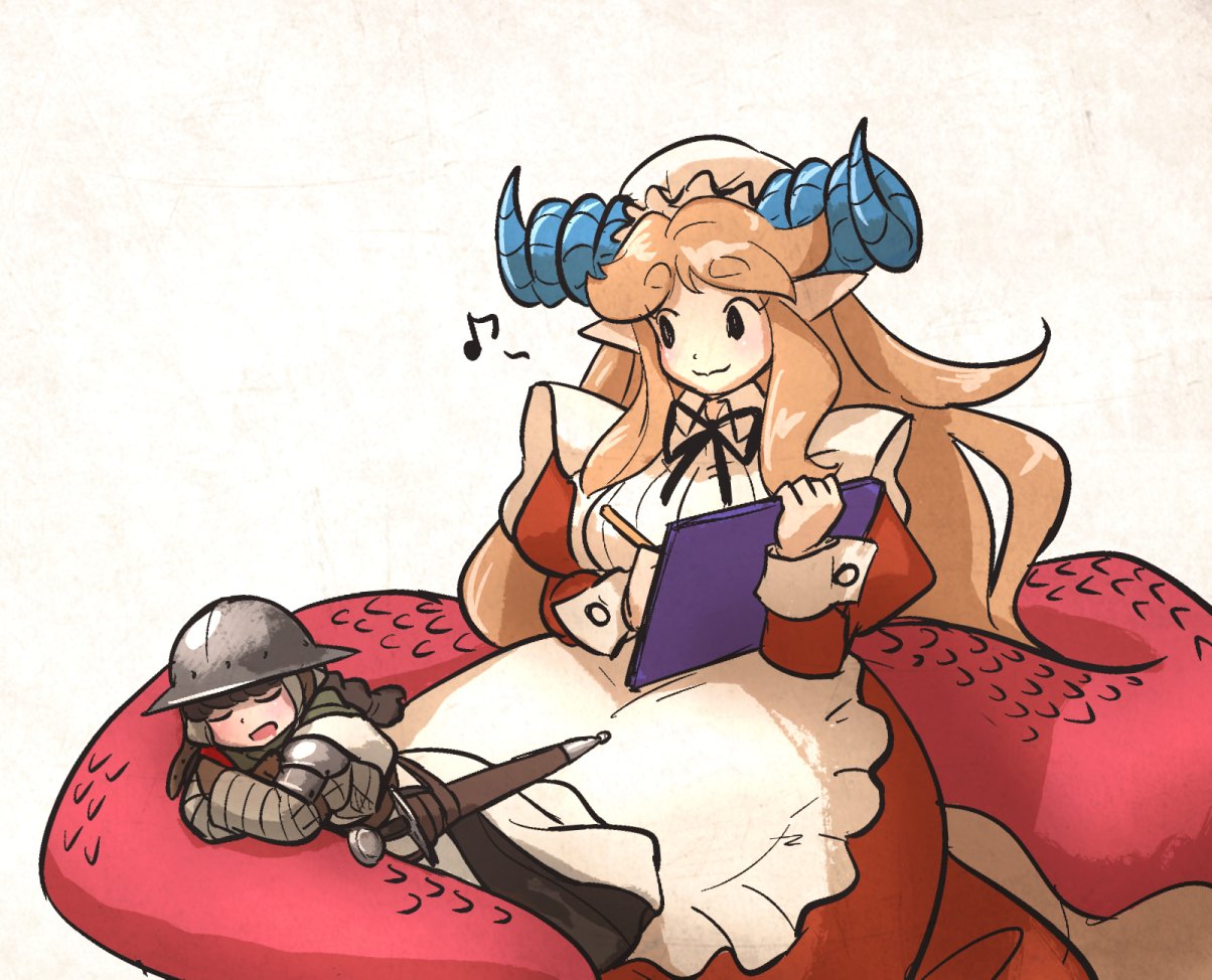 2girls, armor, blonde_hair, blue_horns, borrowed_character, brown_hair, curled_horns, dragon_maid_(murgoten), dragon_tail, gambeson, gloves, helmet, horns, ironlily, kettle_helm, lamia, long_hair, maid, medieval, monster_girl, multiple_girls, open_mouth, ordo_mediare_sisters_(ironlily), pointy_ears, scabbard, sheath, sleeping, surcoat, sword, tail, twin_braids_sister_(ironlily), weapon