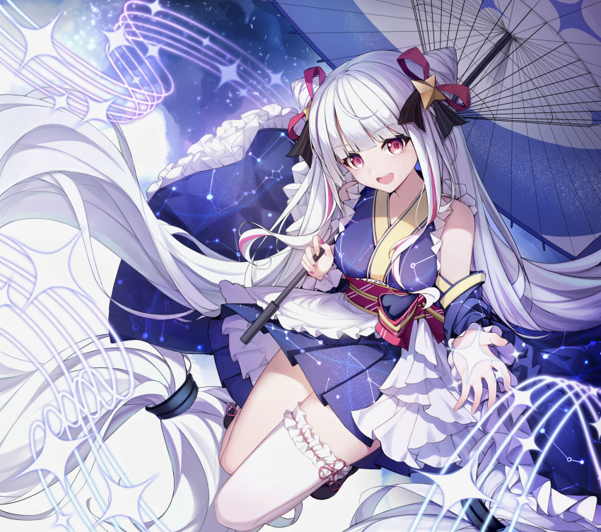 1girl, absurdres, arcaea, bare_shoulders, bow, constellation_print, detached_sleeves, double_bun