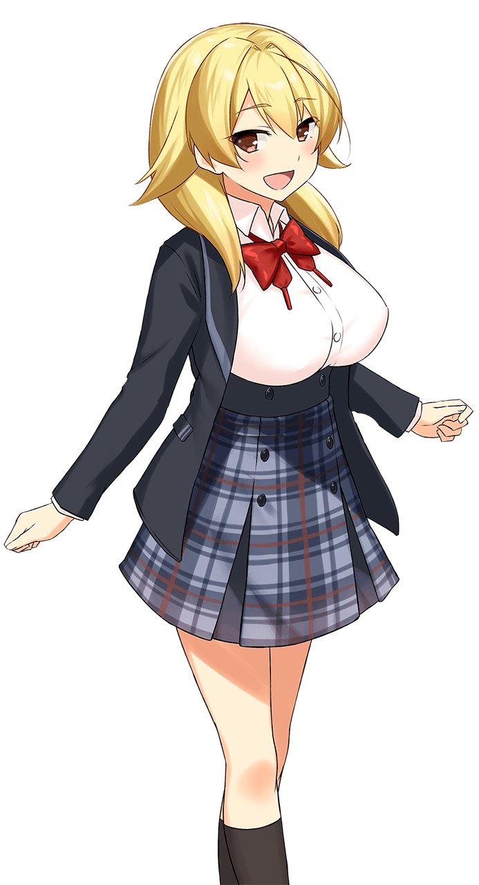 1girl, :d, archived_source, blonde_hair, breasts, hanao_akari, highres, kneehighs, knees, large_breasts, moe!_ninja_girls, moe!_ninja_girls_rpg, necktie, ntt_solmare, official_art, open_mouth, red_eyes, school_uniform, skirt, smile, socks, thighs