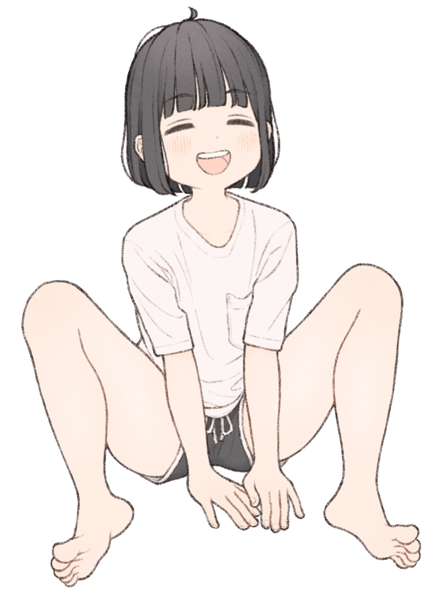 1girl, 1ssakawaguchi, ^_^, absurdres, barefoot, black_hair, black_shorts, blunt_bangs